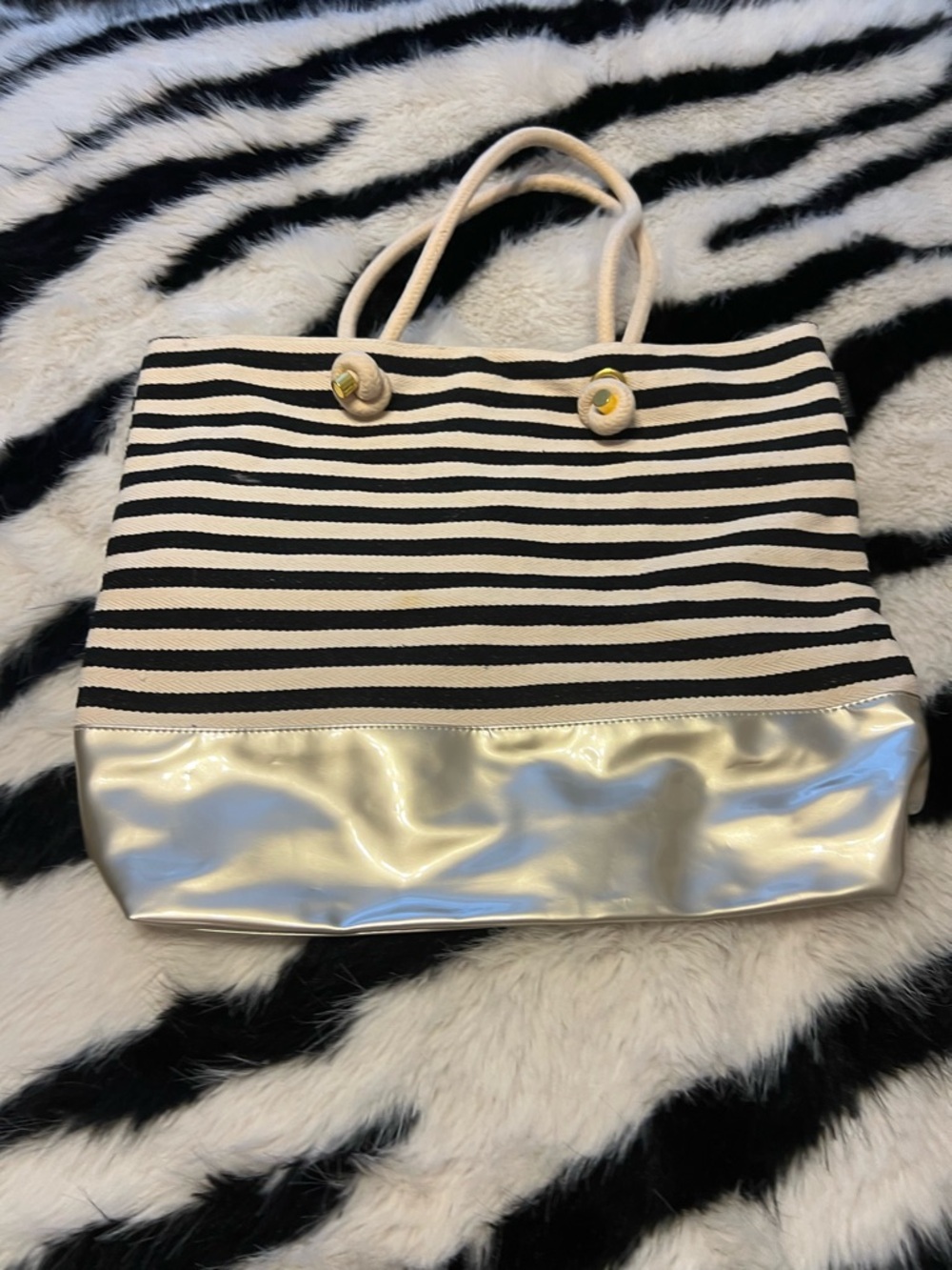Lancome Black & White Striped Tote with Gold Base
